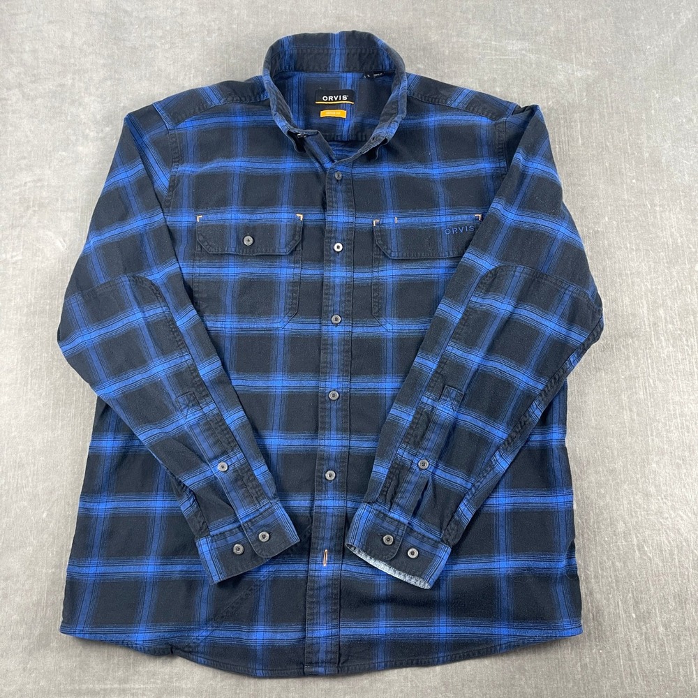 Orvis Mens L Blue Black Plaid Flannel Button Down Shirt Stretch Pockets